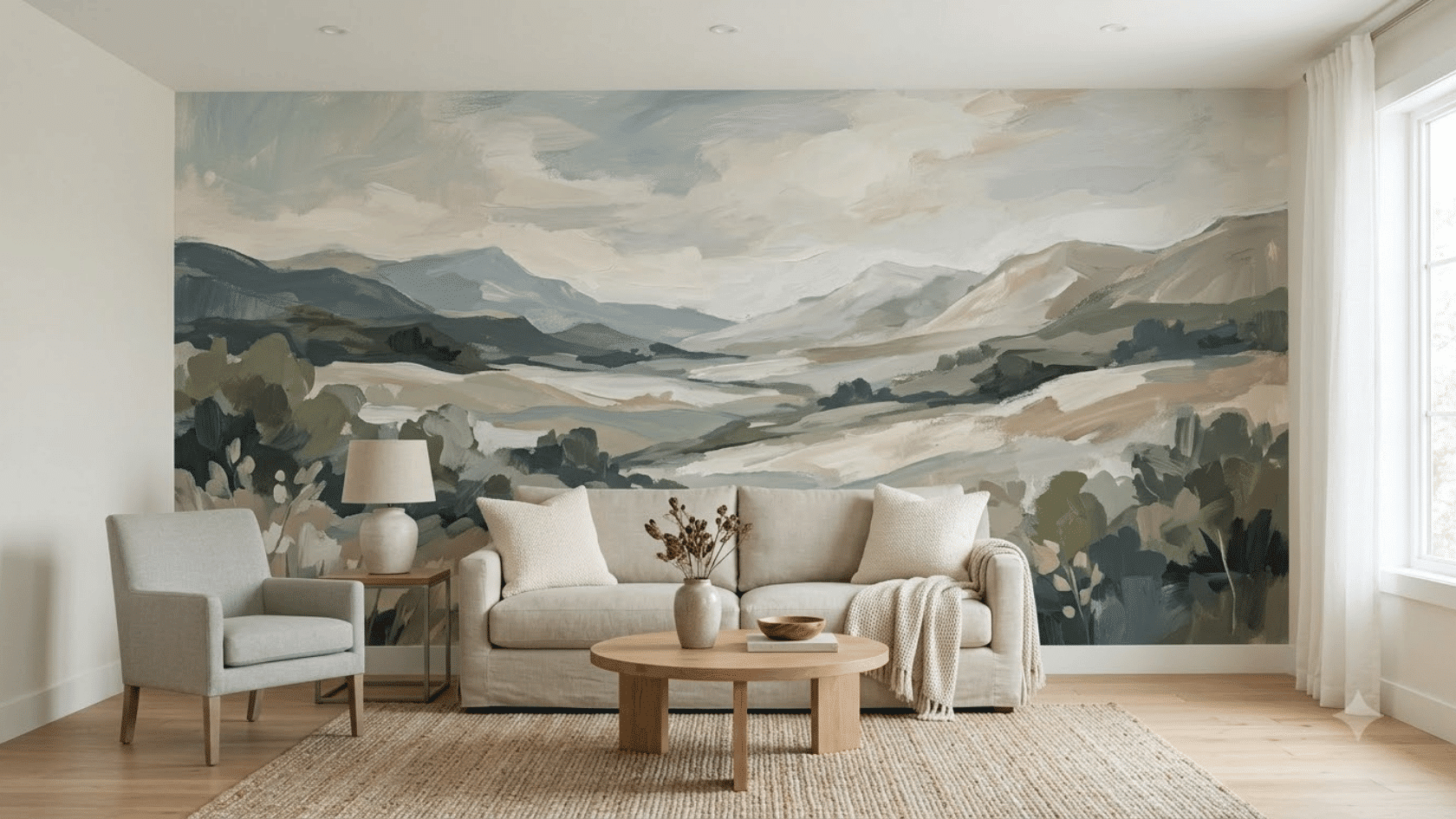 Living room with a large mural accent wall and simple neutral furniture.