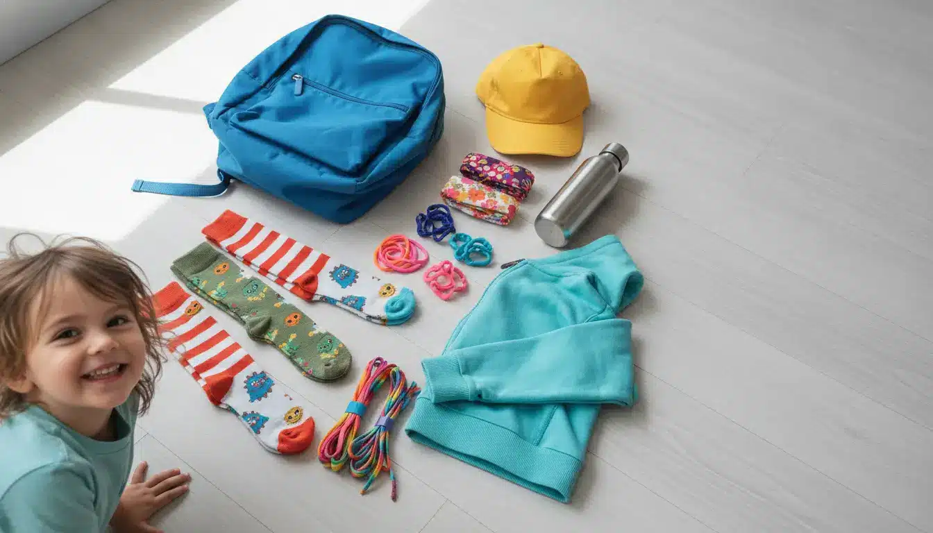 Blue backpack and colorful school supplies arranged on light wooden floor with smiling child nearby