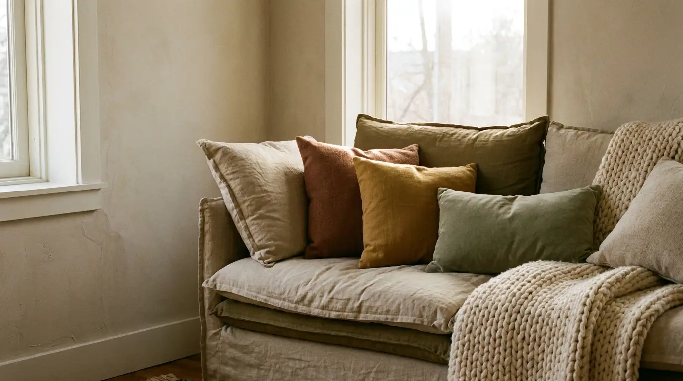 Cozy sofa with earth-toned cushions and knitted blanket by sunlit window in living room
