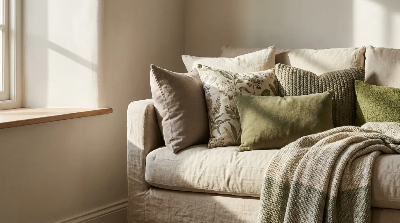Beige sofa with assorted green and neutral pillows, cozy knit blanket, near sunlit window