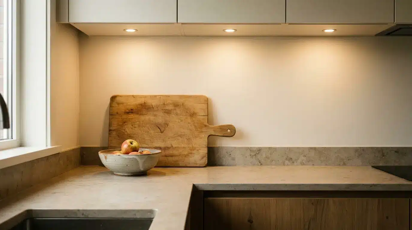 Bowl of fruit and wooden cutting board on stone countertop in modern kitchen