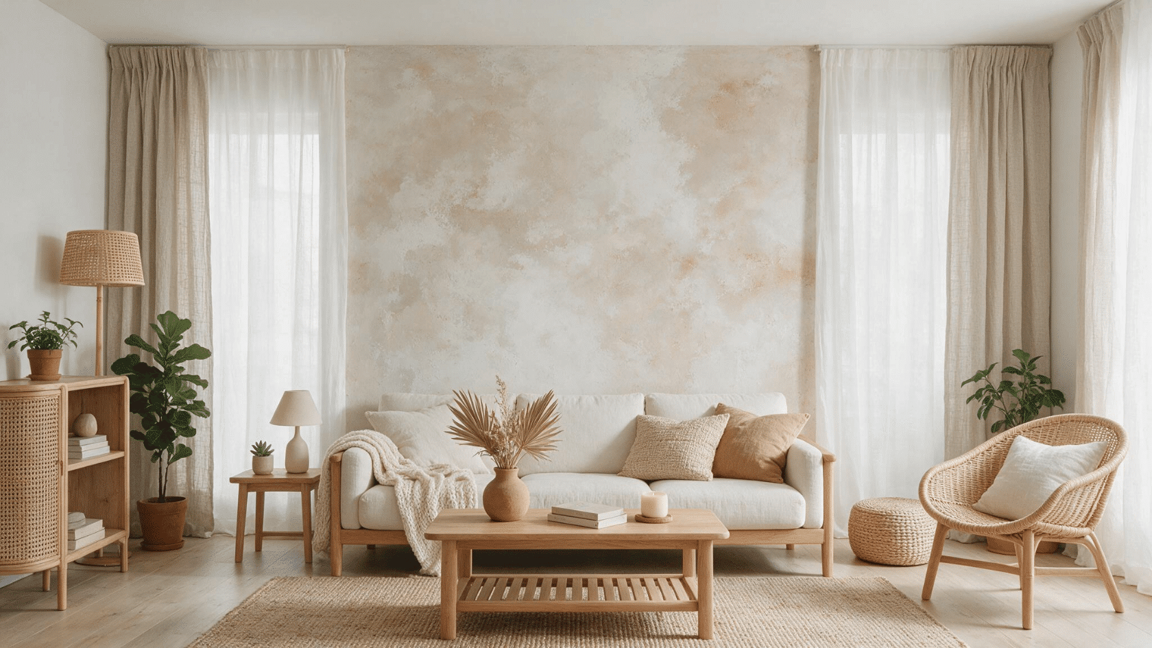 Living room with a limewash textured accent wall in a neutral shade.