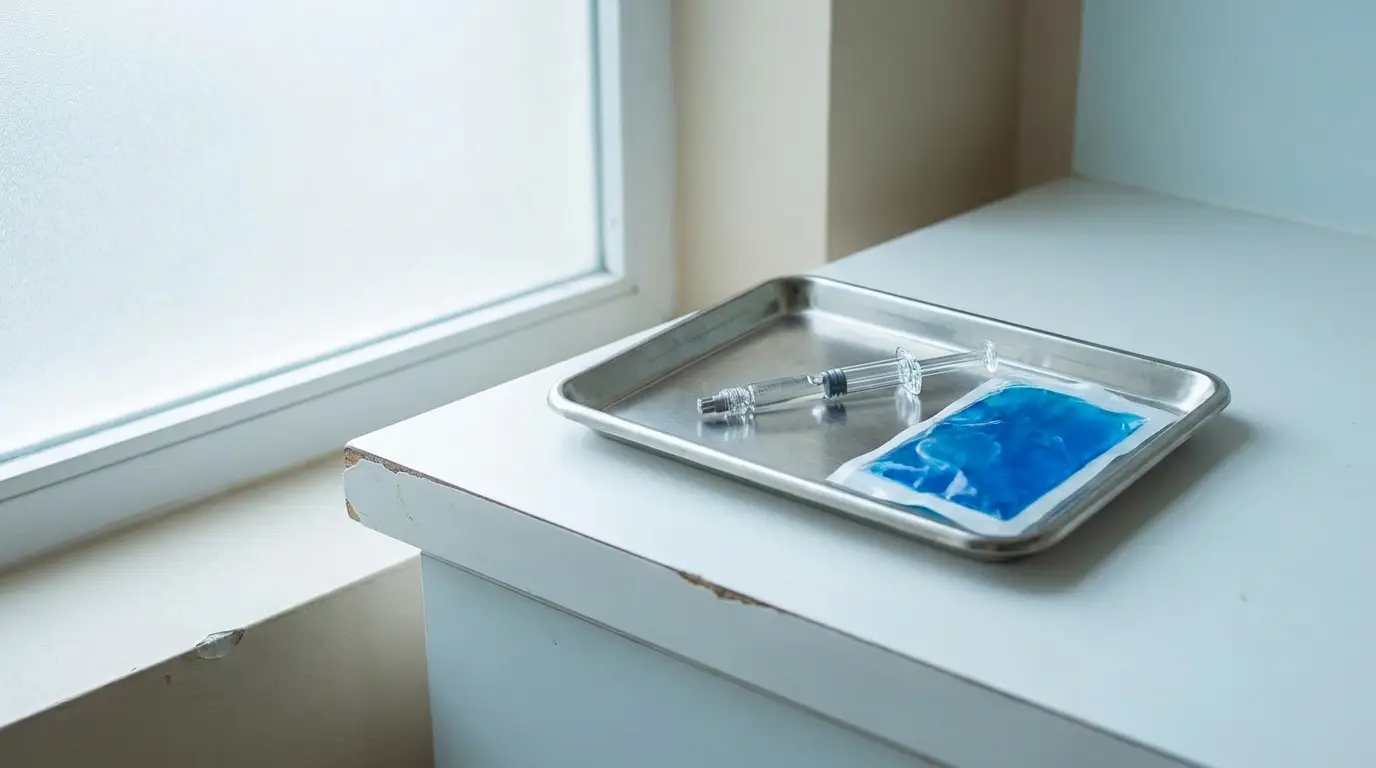 Syringe and blue gel pack on metal tray beside window in clinical setting