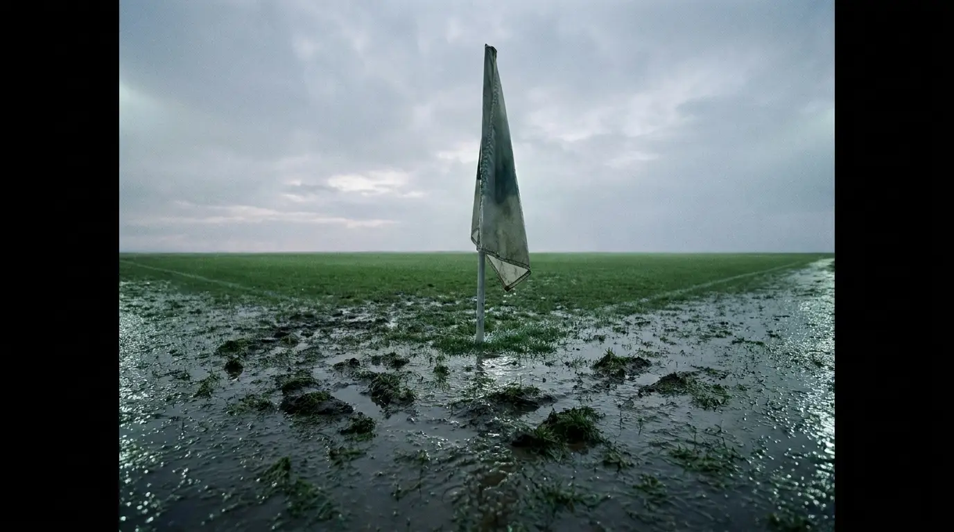 Muddy corner of an outdoor soccer field with a wet, weathered flag under overcast sky