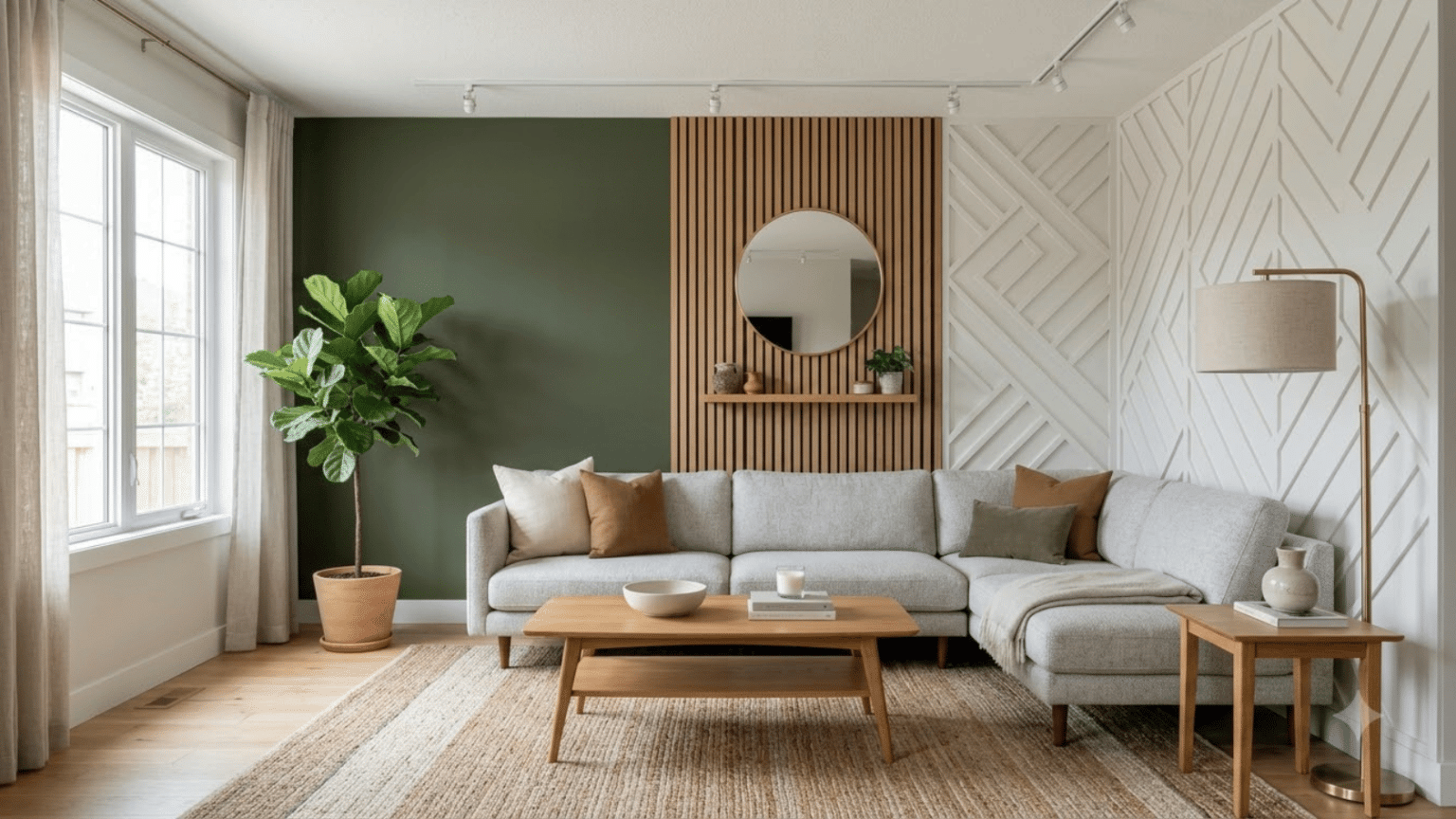 Living room with a decorative accent wall behind a sofa and neutral furniture.