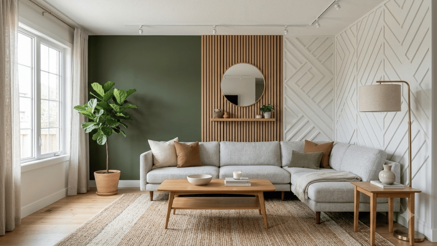 Living room with a decorative accent wall behind a sofa and neutral furniture.