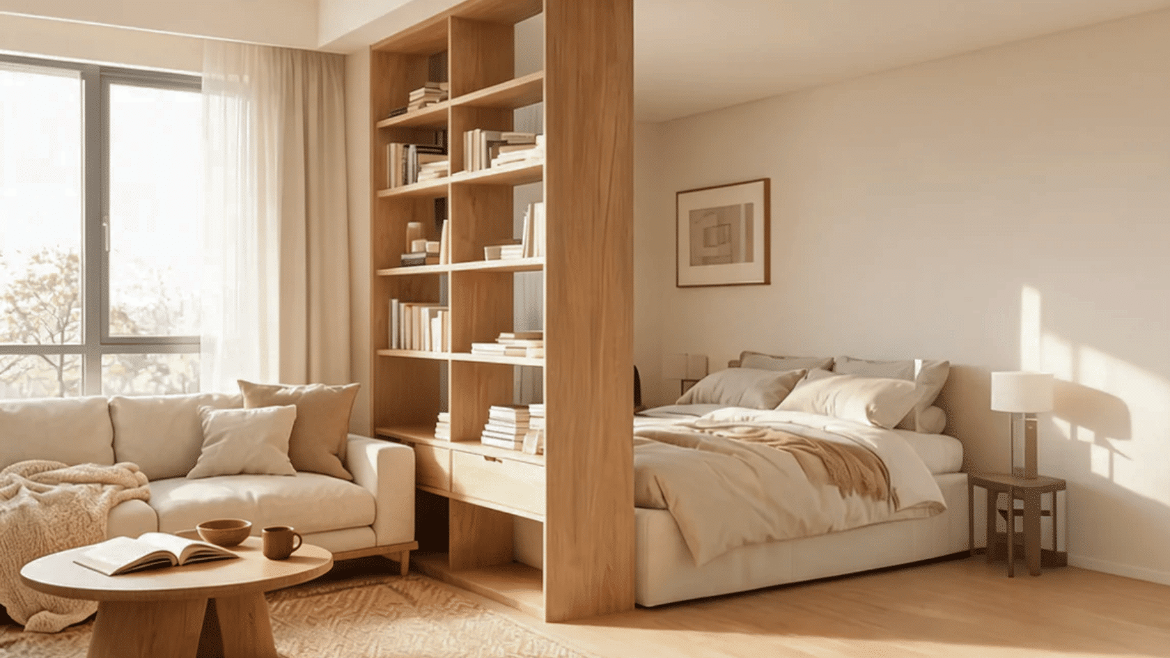 Living room and bedroom separated by wooden shelving with sofa, bed, coffee table, and window.
