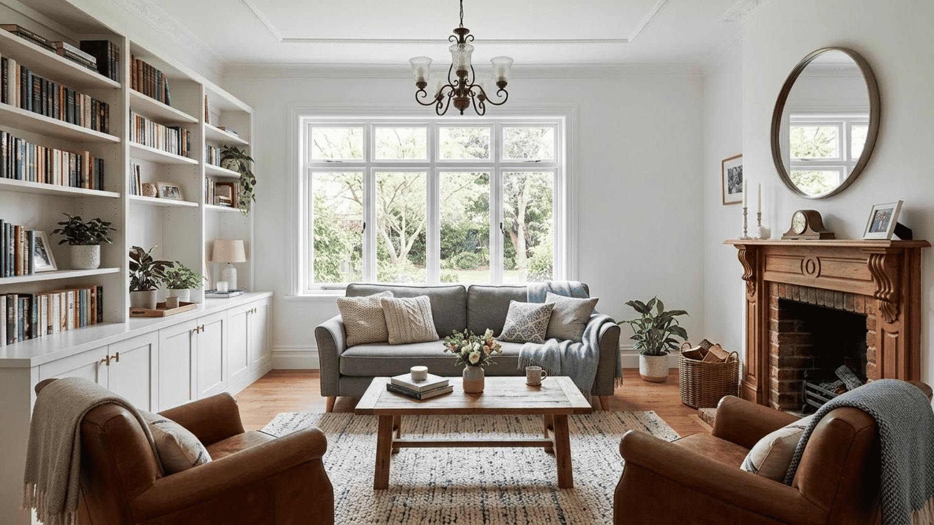 Living room furniture layout with sofa, chairs, fireplace, rug, and built-in shelves.