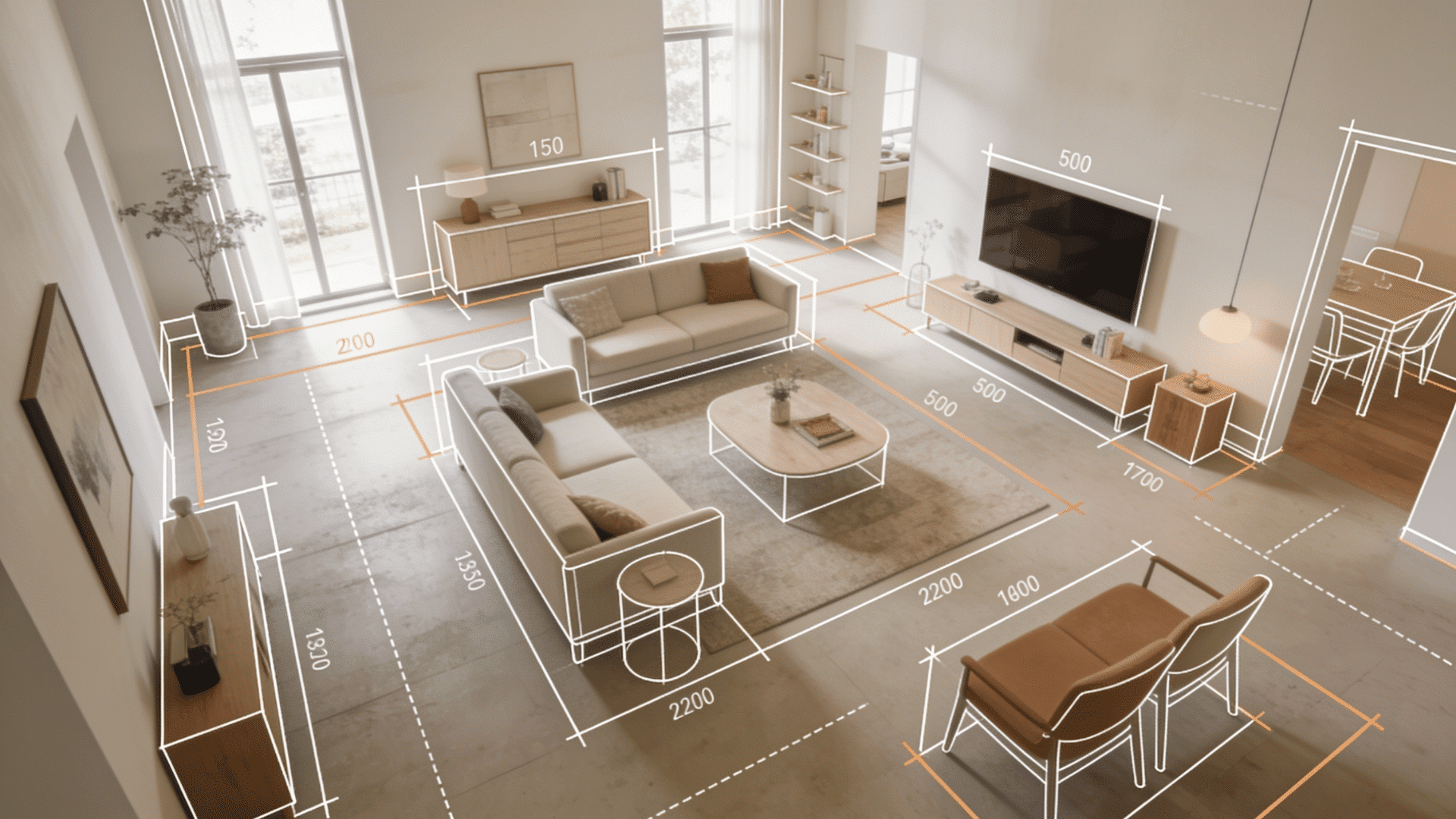 living room layout with floor plan measurements and furniture placement guide showing scale and spacing.