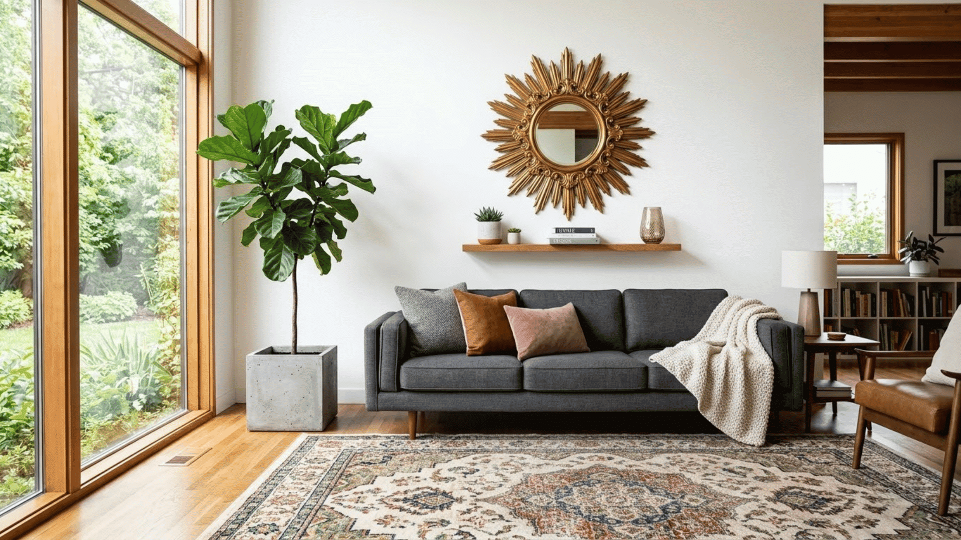 Living room with area rug, sofa, wall mirror, plants, and modern decor.