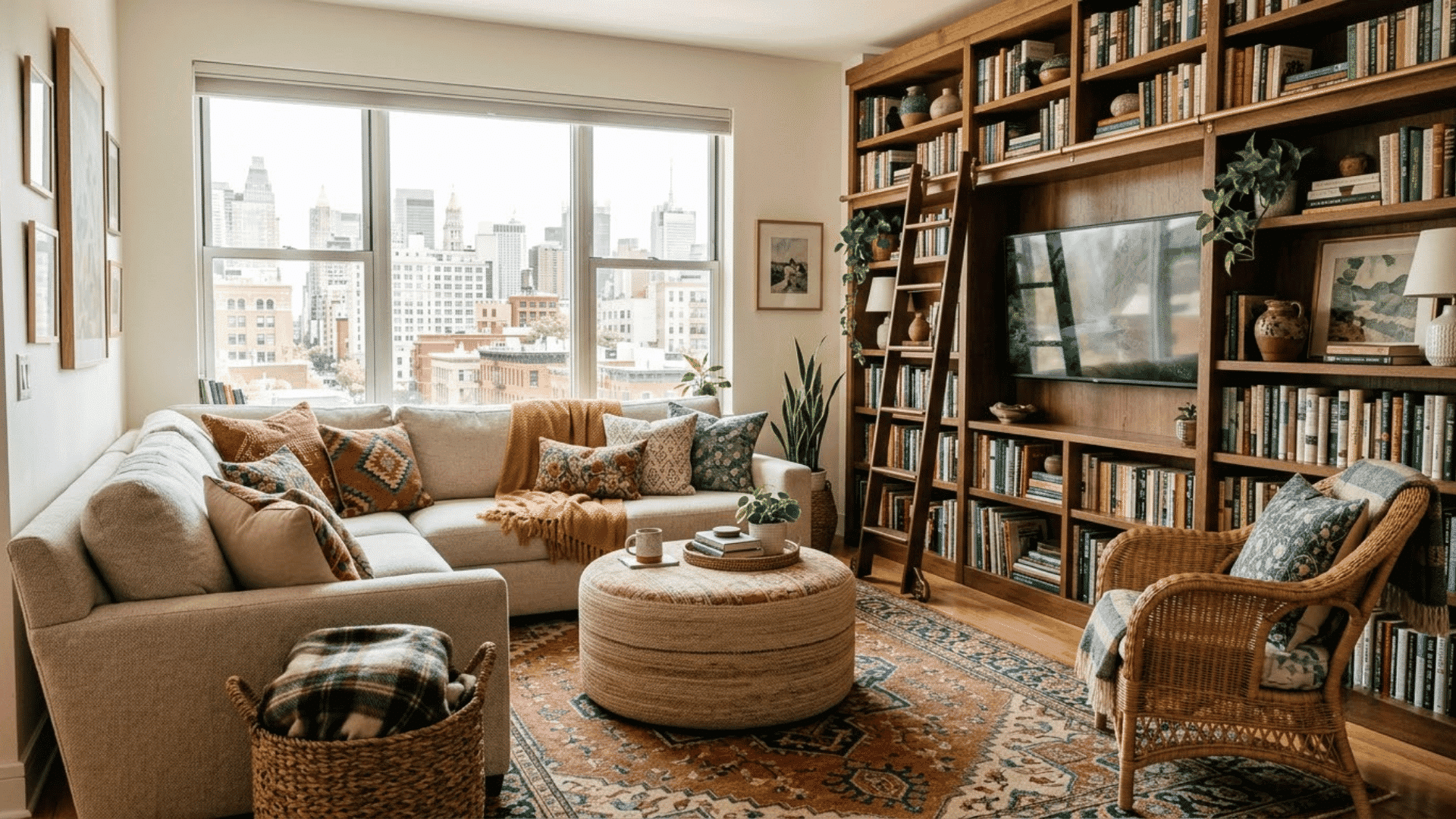 Living room with built-in bookshelf, TV, sofa, rug, and cozy seating area.