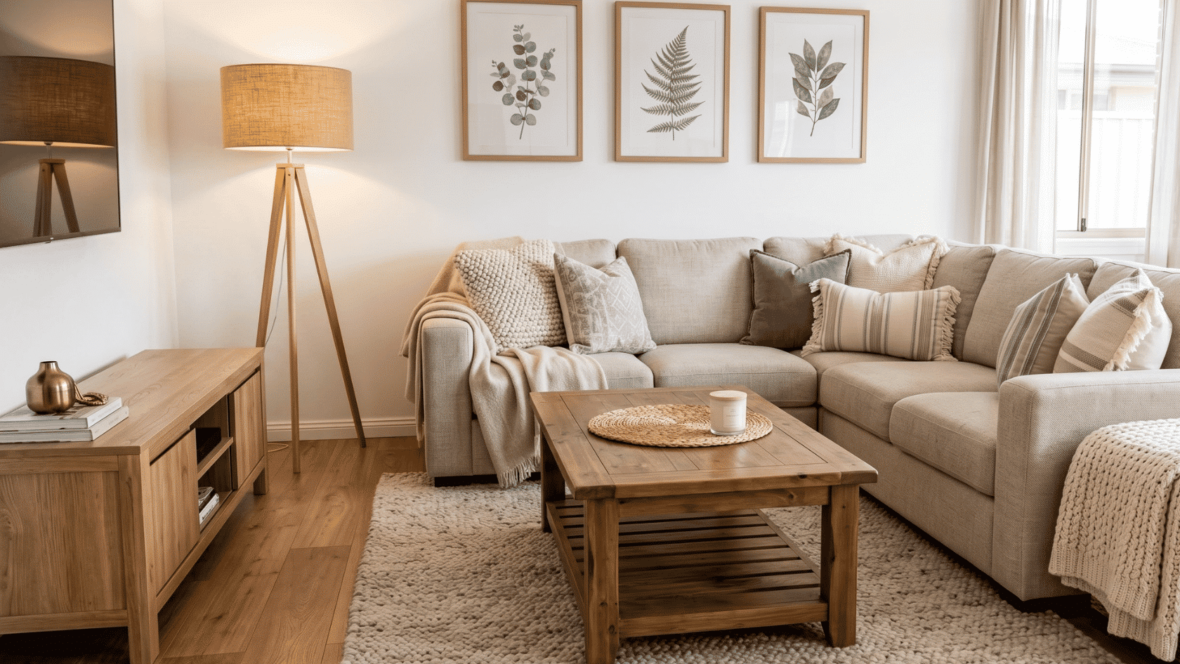 Living room with sectional sofa, coffee table, rug, floor lamp, wooden cabinet, and framed wall art.