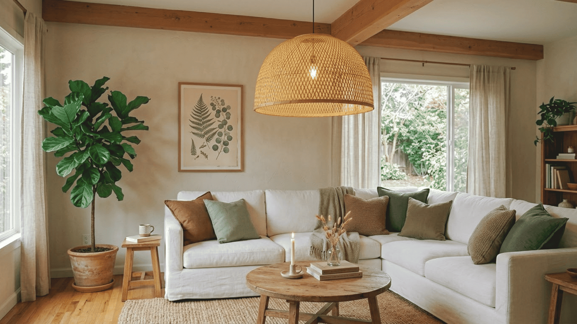 Living room with statement pendant lighting, sectional sofa, plants, and wooden accents.