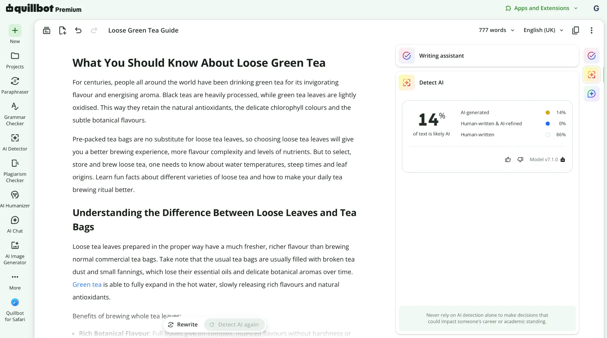 Editing interface with green tea guide text and AI detection result displayed on screen