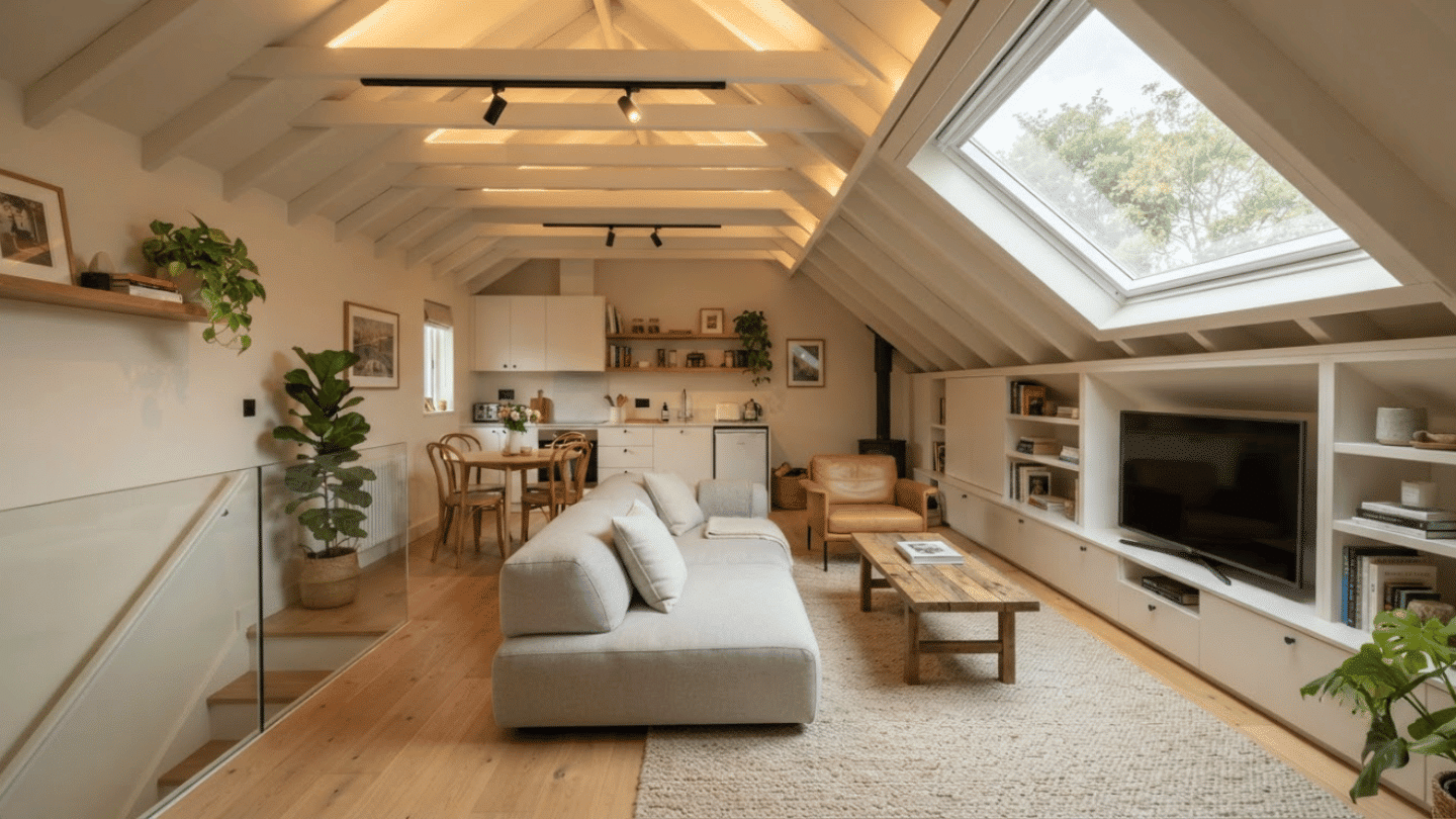 Low ceiling attic design with smart furniture, built-in storage, and bright open layout.