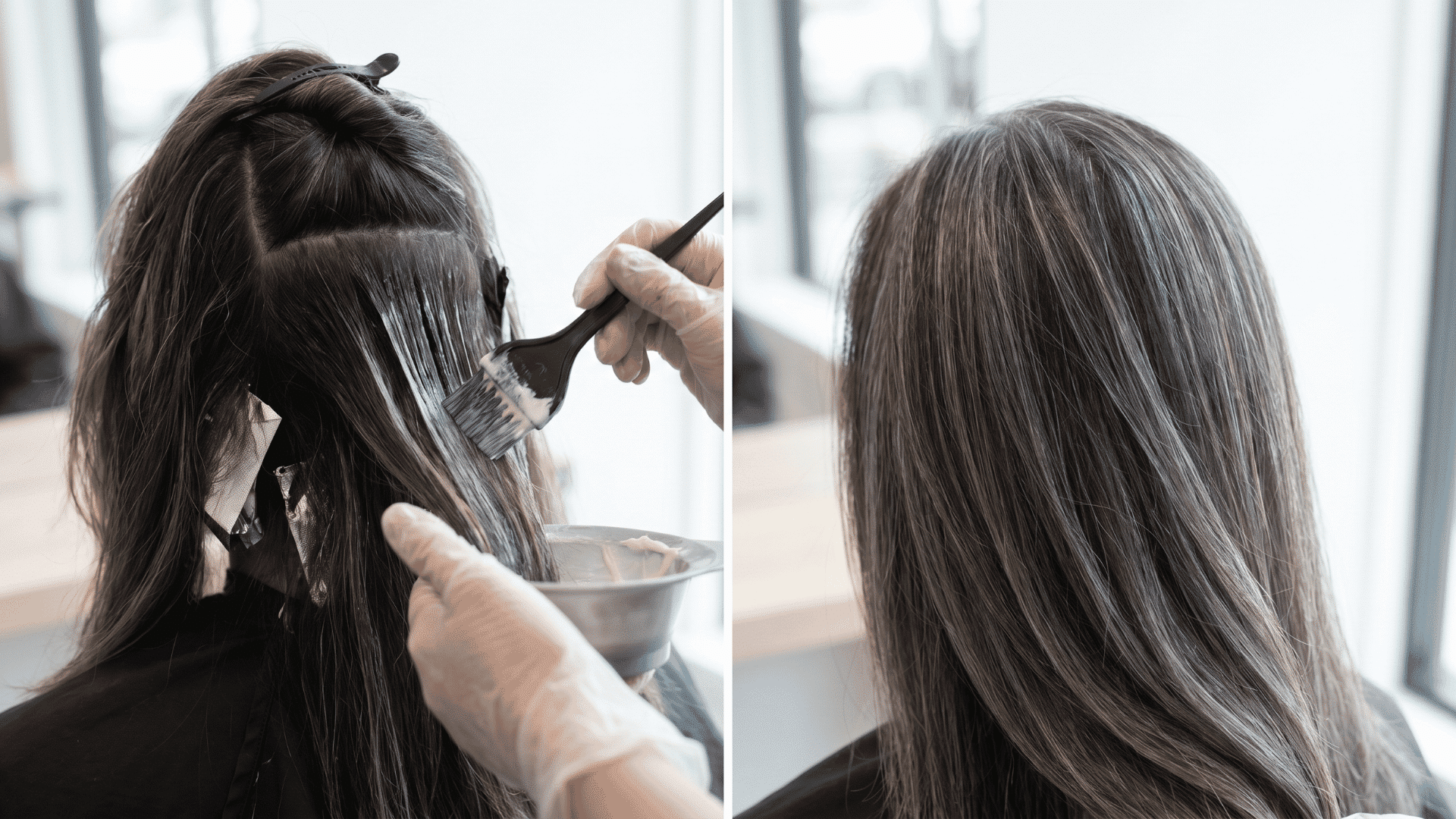 Lowlights being applied to hair and final blended grey result.