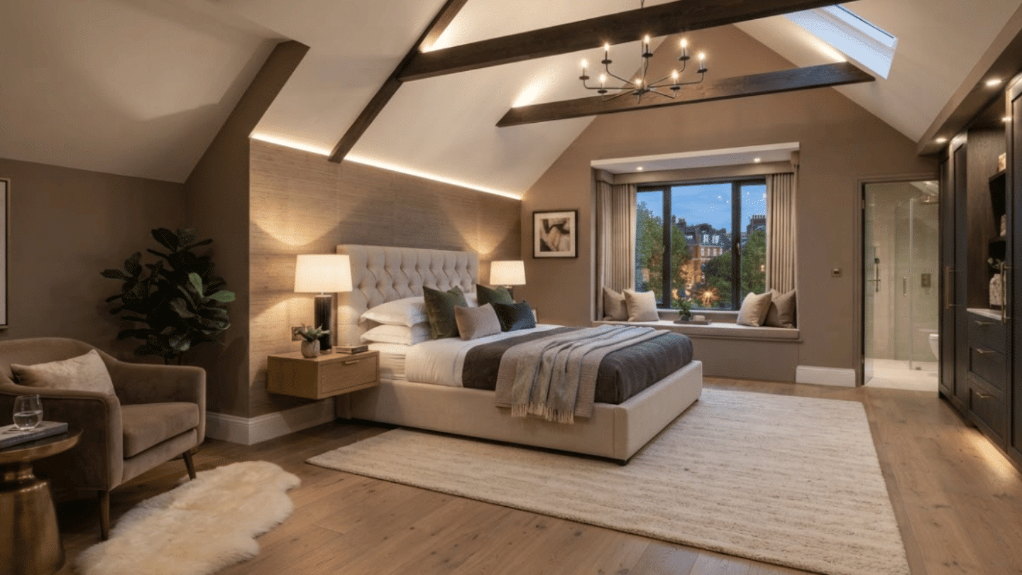 Luxury attic bedroom suite with premium finishes, elegant furniture, and comfortable private retreat design.