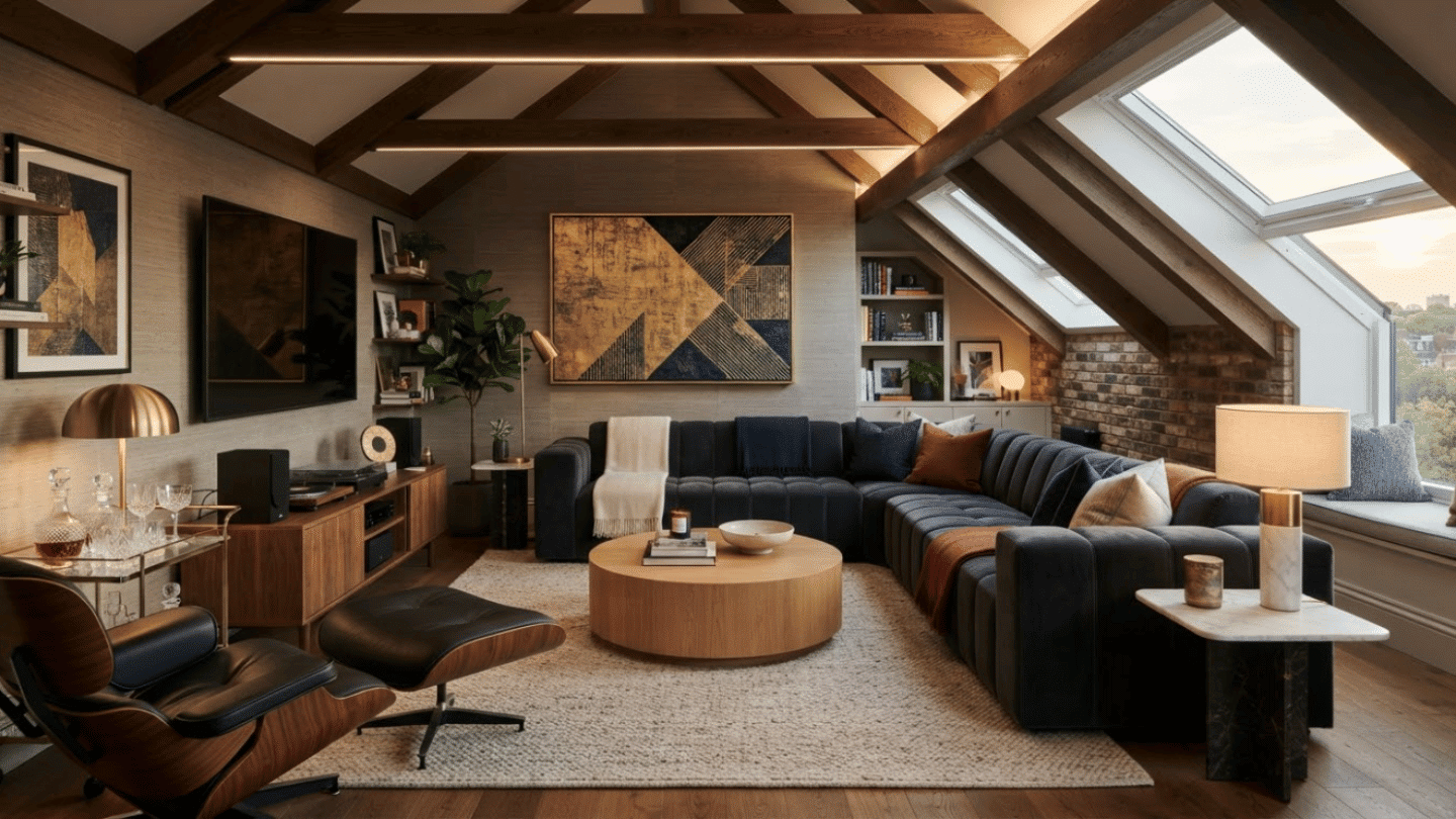 Luxury attic lounge space with premium seating, elegant lighting, décor, and relaxation area.