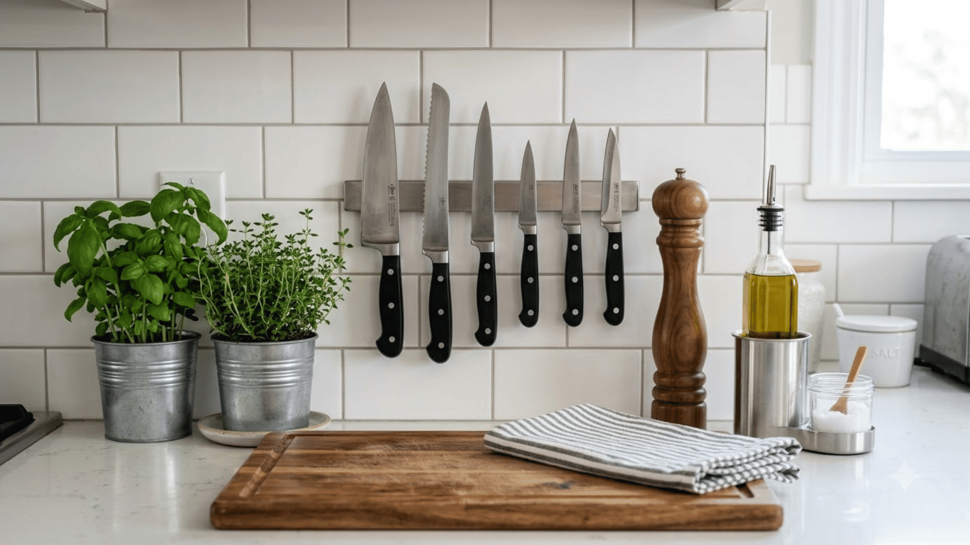 Magnetic knife strip holding knives above a kitchen counter with herbs and cutting board.