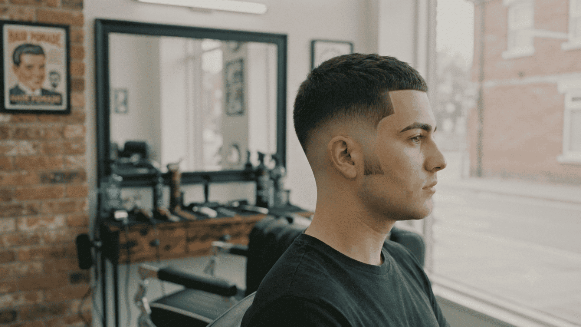 Man in profile with short textured haircut, skin fade, sharp hairline, black t-shirt and a blurred barbershop interior background