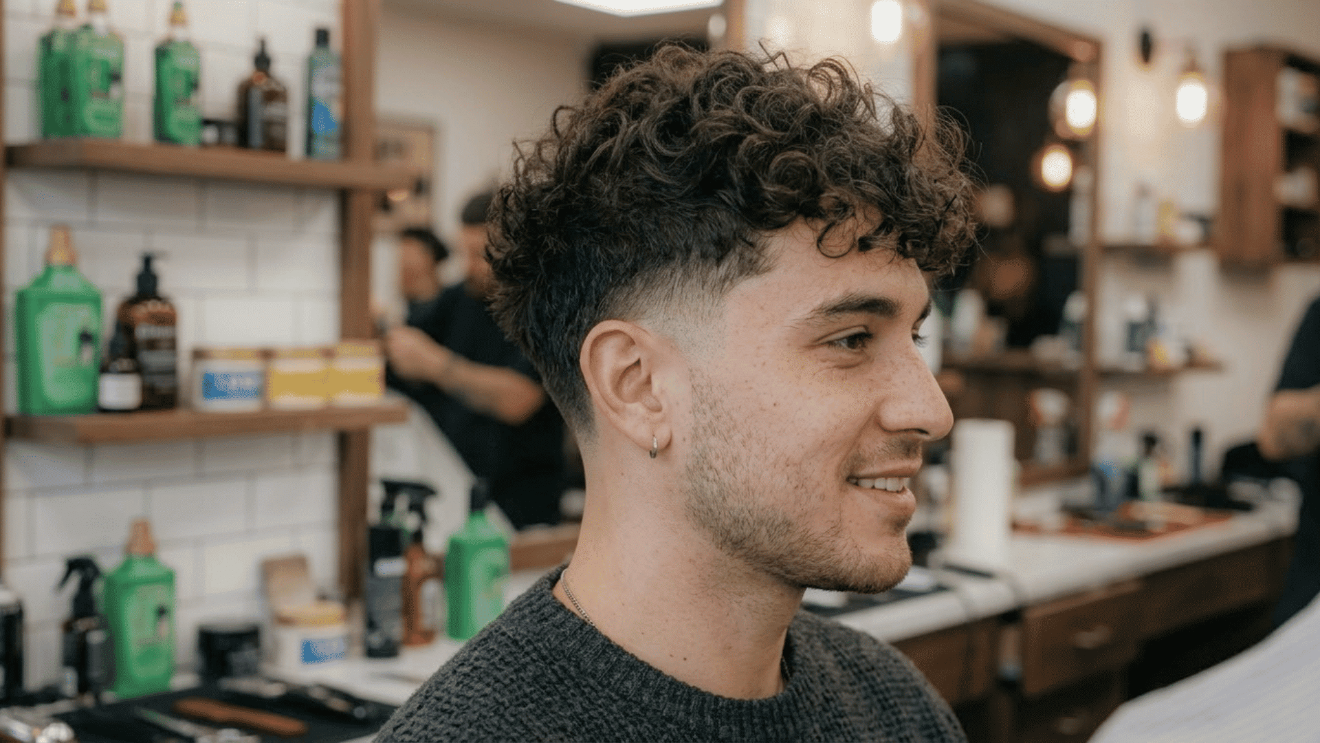 Man with a curly undercut hairstyle viewed from the side inside a barbershop setting.