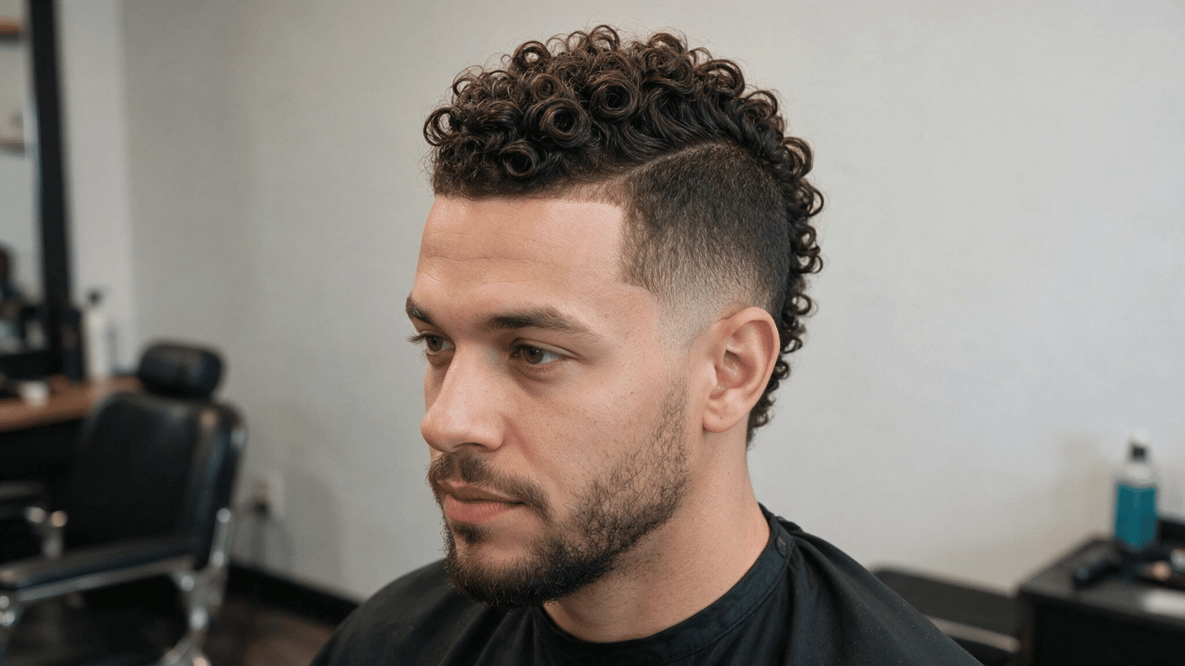 Man with curly mohawk haircut in a modern salon setting
