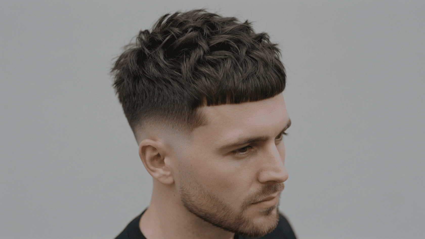 Man with textured French crop haircut, blunt fringe, skin fade, light stubble beard and soft blur background