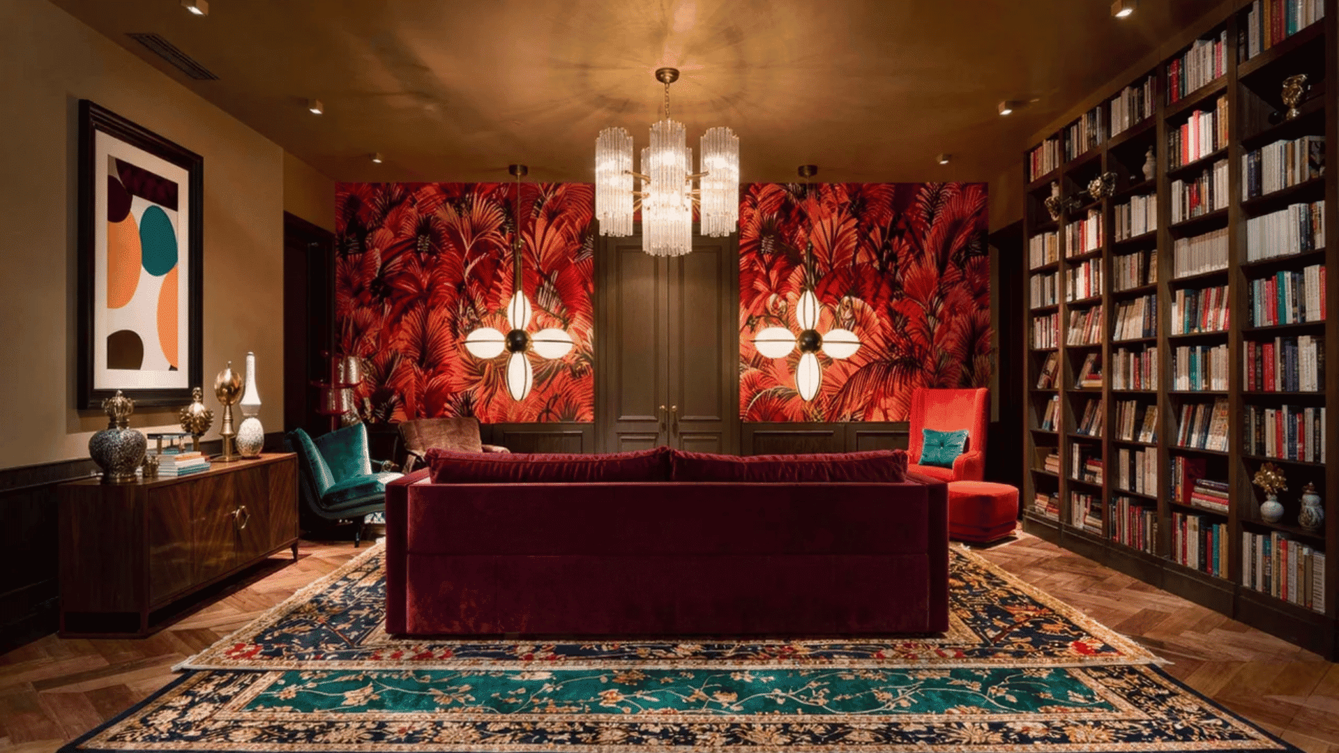 Maximalist interior design styles living room with bold colors, patterned walls, artwork, and layered rugs.