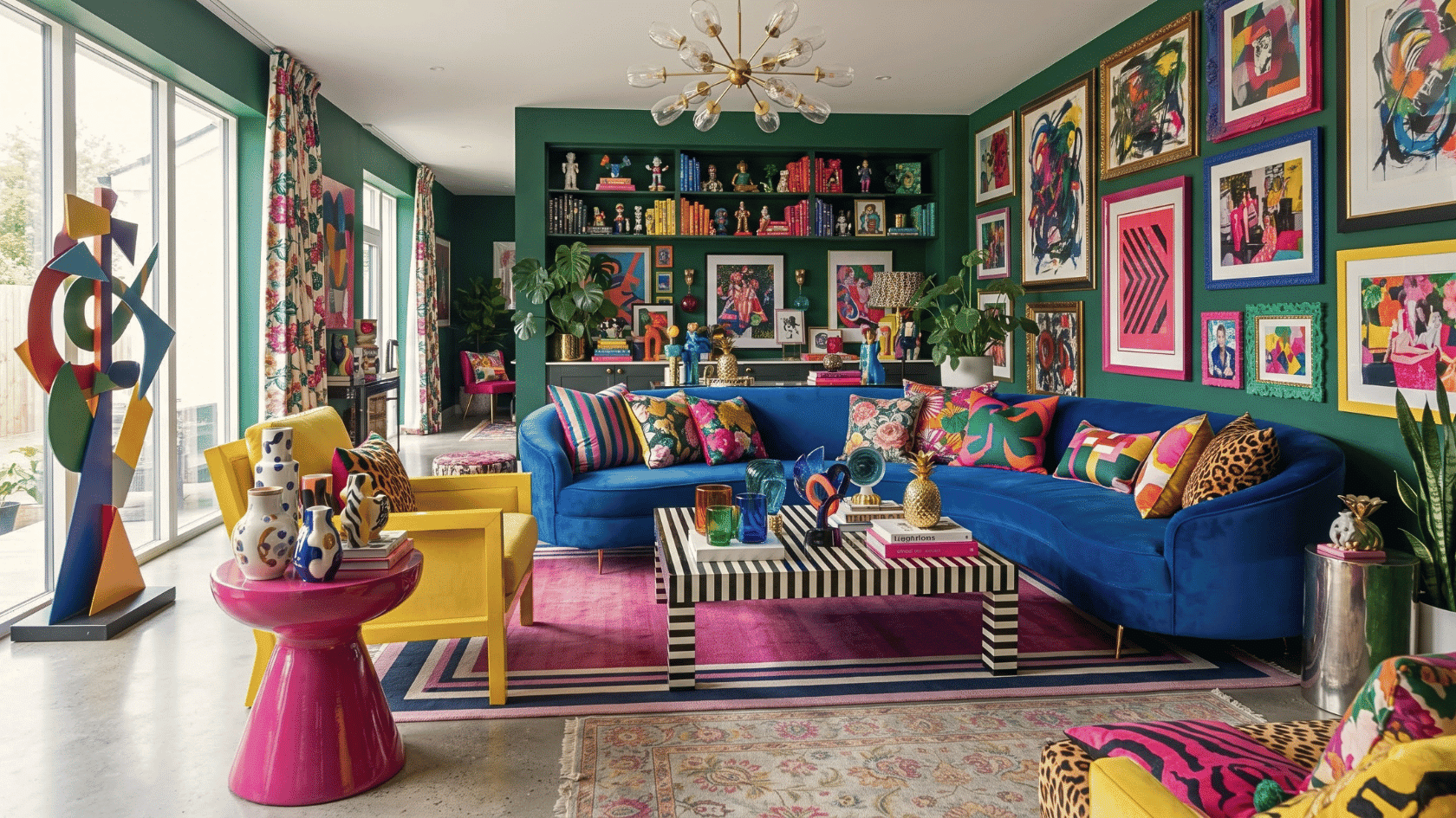 Maximalist room featuring modern interior styles with bold colors, layered decor, and expressive furniture arrangements