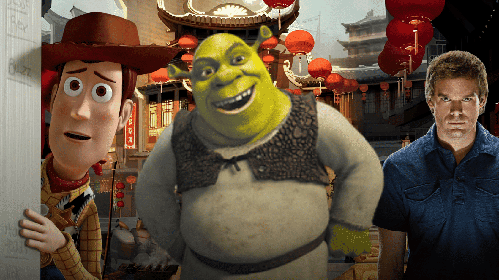Woody from Toy Story, Shrek, and Dexter Morgan from Dexter crossover character collage