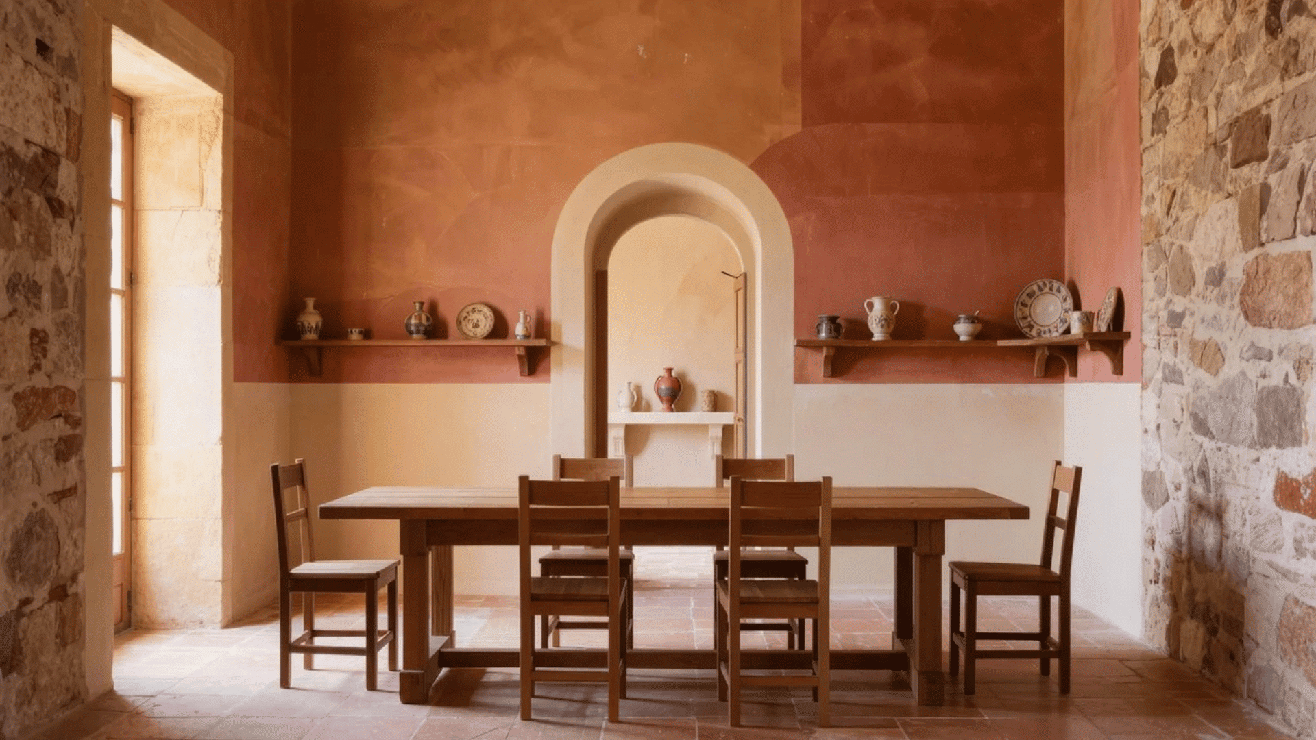 Mediterranean interior design styles with stone walls, arched doorway, and wooden dining table.