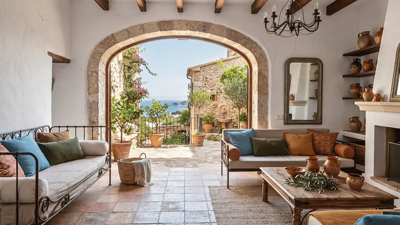 Mediterranean space showcasing modern interior styles with earthy tones, textured walls, and warm architectural details