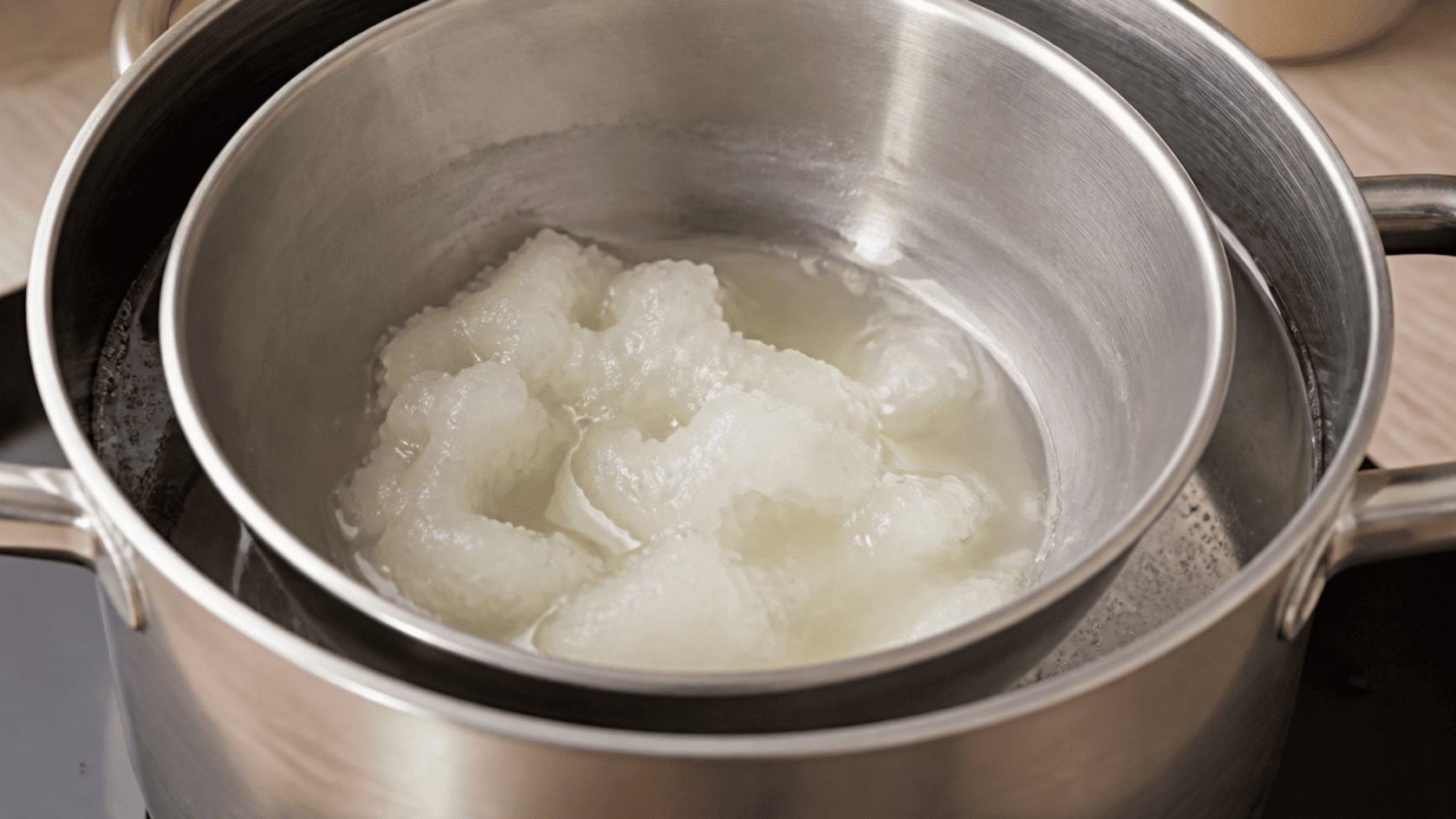 Wax melting in double boiler pot in semi-liquid stage on stove