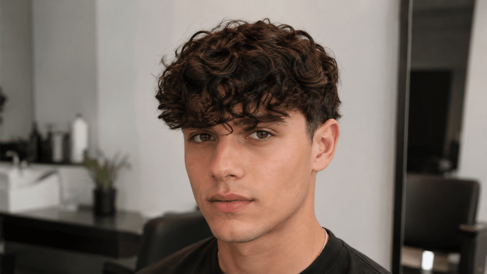Men’s curly fringe haircut with curls falling naturally over the forehead