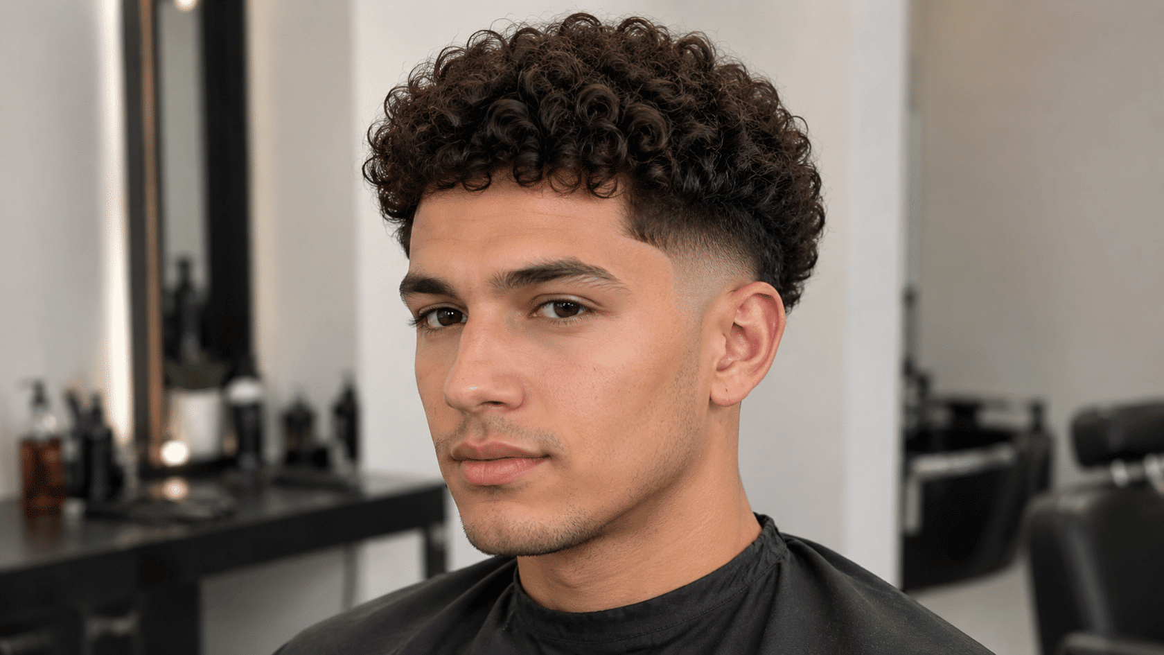 Men’s curly taper fade haircut with tight curls on top and faded sides