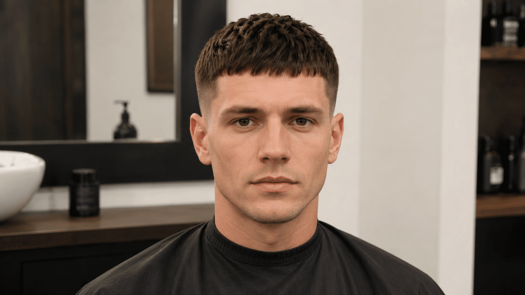 Men’s French crop haircut with short fringe and tapered sides