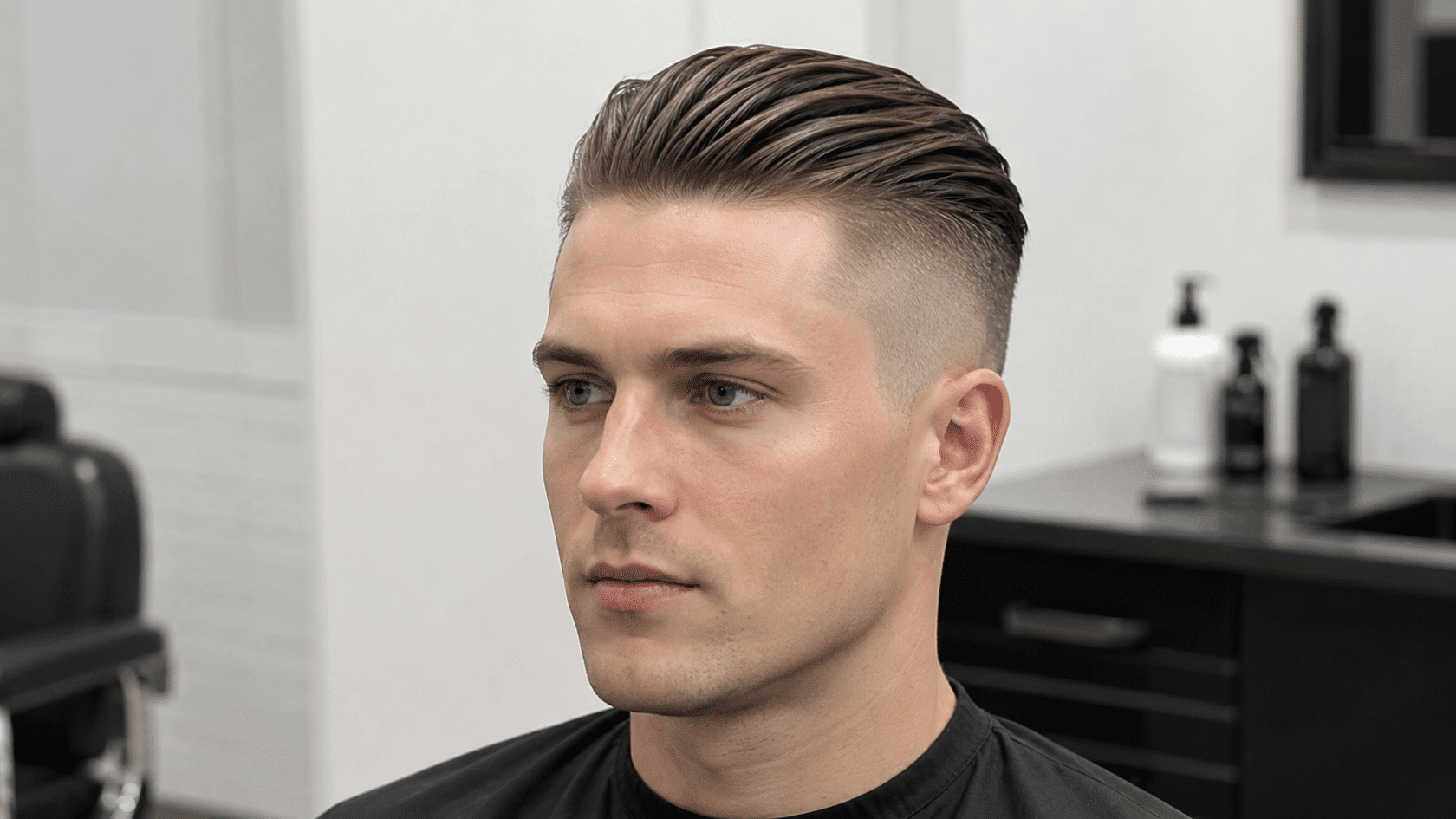 Men’s slick back undercut with shaved sides and longer top