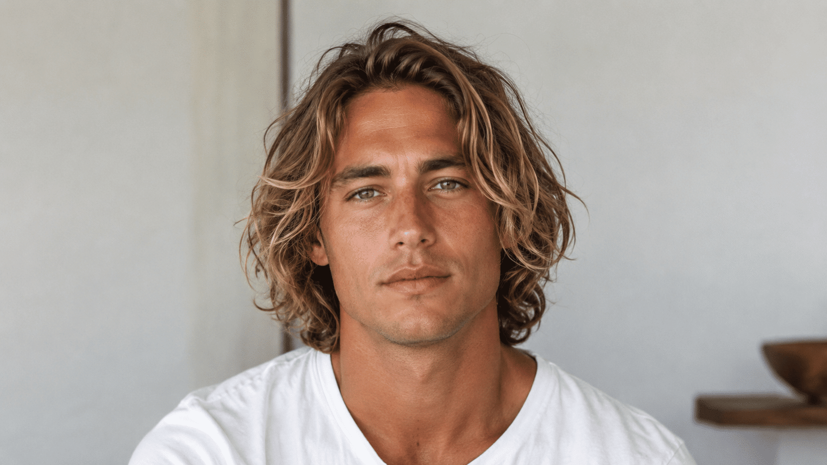 Men’s surfer haircut with long wavy hair and natural loose texture