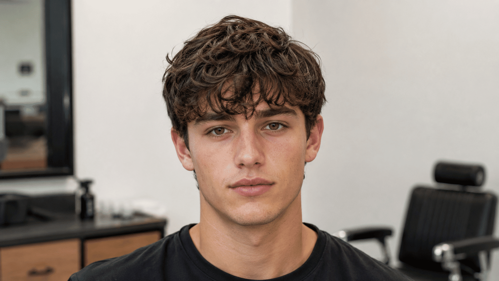 Men’s wavy fringe haircut with longer front hair and natural wave definition