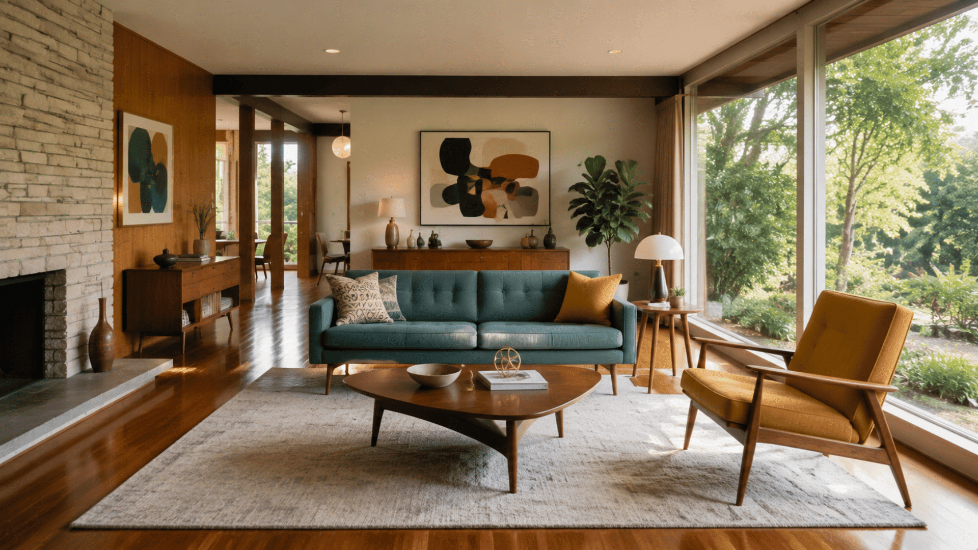 Mid-century modern living room with warm wood tones, bold accents, geometric furniture and natural light.