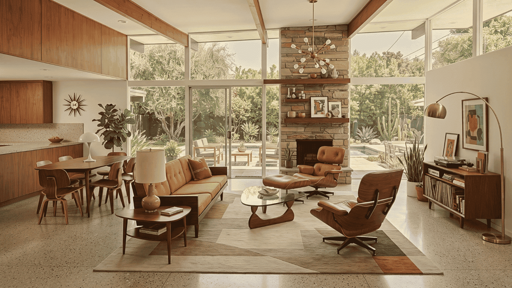 Mid-century modern room showing modern interior styles with retro furniture, clean shapes, and timeless design elements