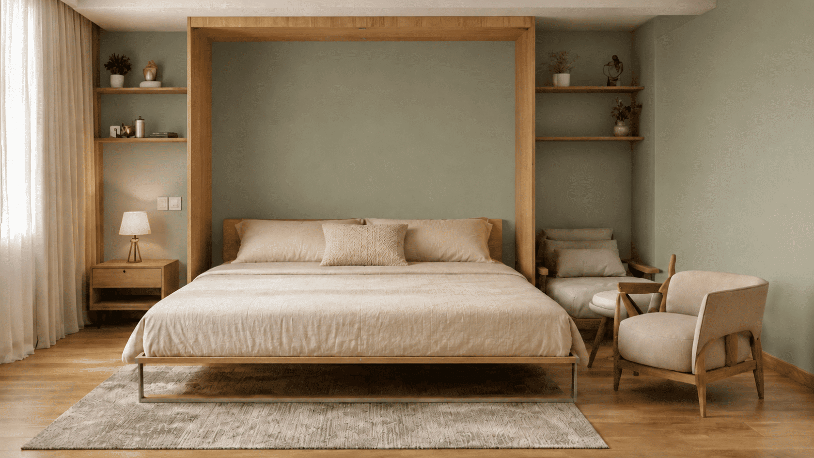 Minimal bedroom with a wooden bed frame, armchair, side table, shelves, and soft neutral decor.