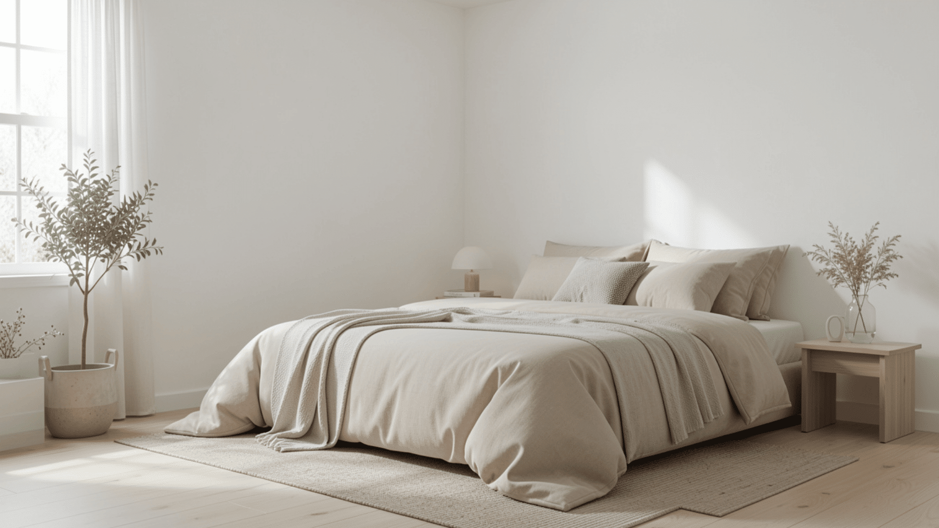 Minimalist bedroom with neutral bedding, soft lighting, simple decor, and calm uncluttered layout.