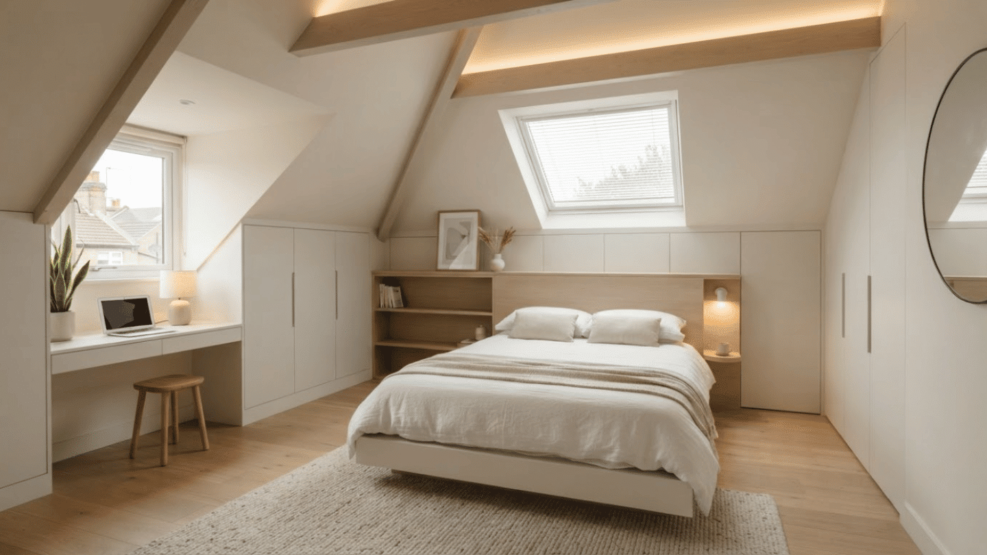 Minimalist modern attic room with neutral colors, sleek furniture, hidden storage, and clean design.