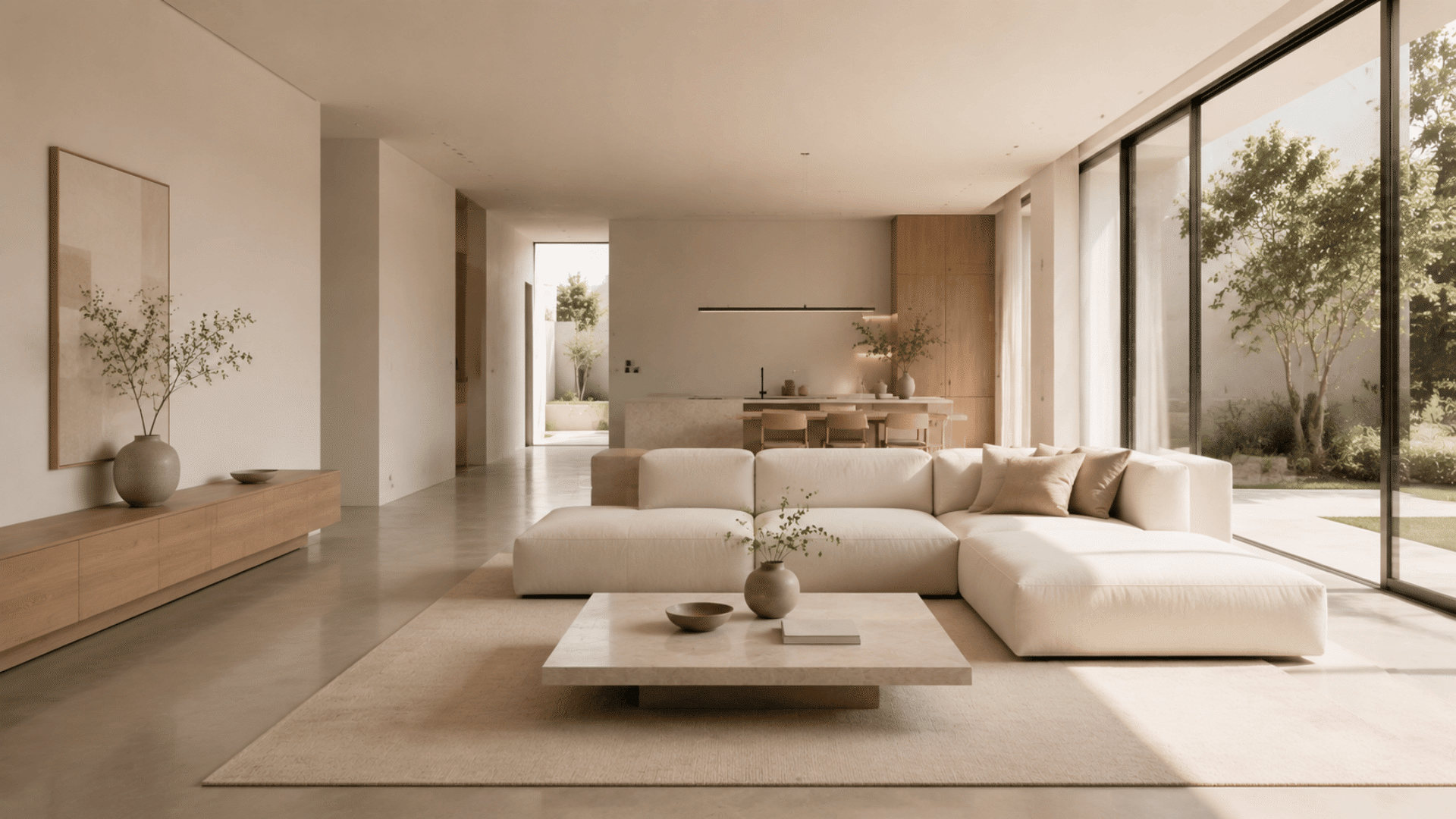 Minimalist modern living room with neutral tones, open layout, simple furniture, and natural daylight.
