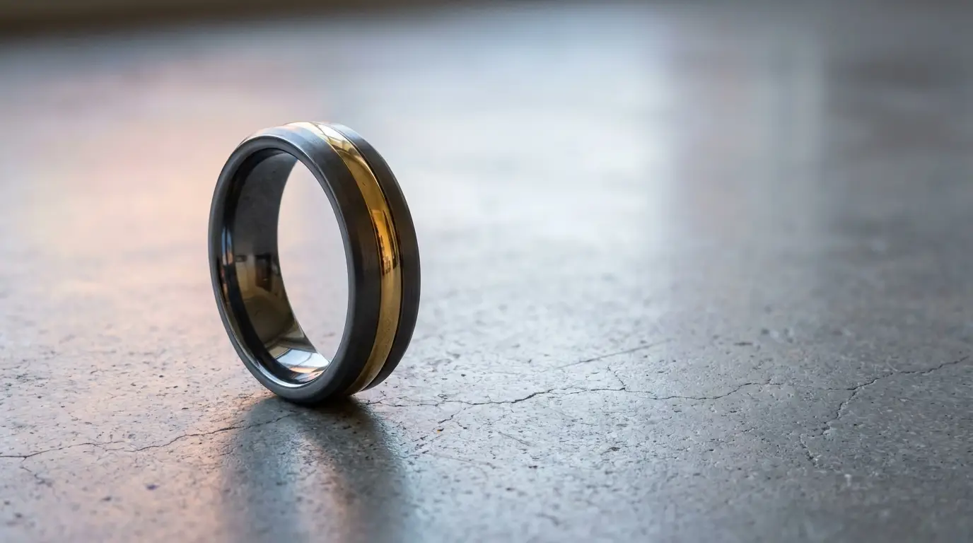 Black and gold banded ring on reflective stone surface in soft lighting