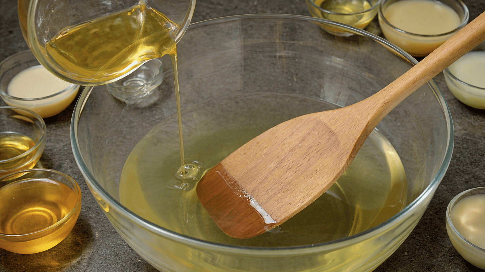 Oils being added into warm melted base in a bowl during mixing stage