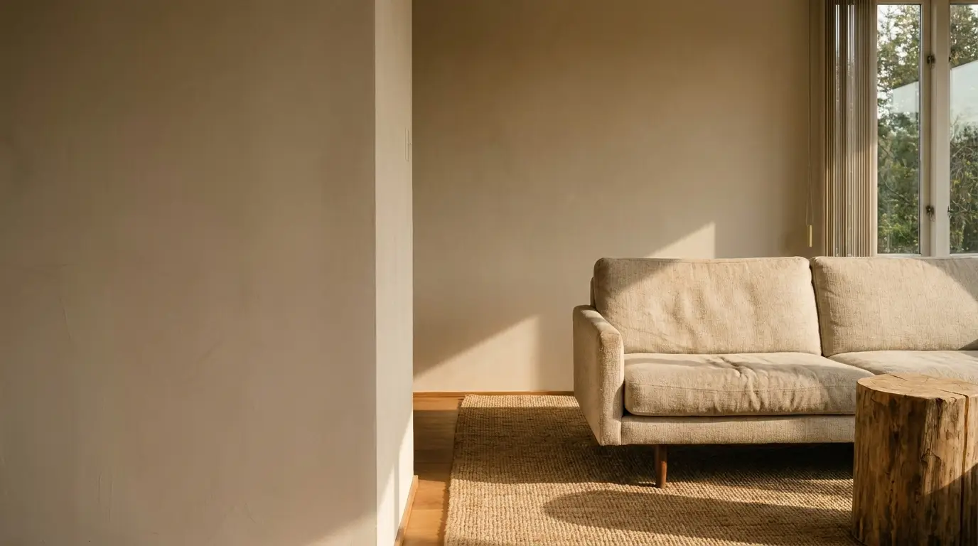 Beige sofa and wooden coffee table in a sunlit minimalist living room