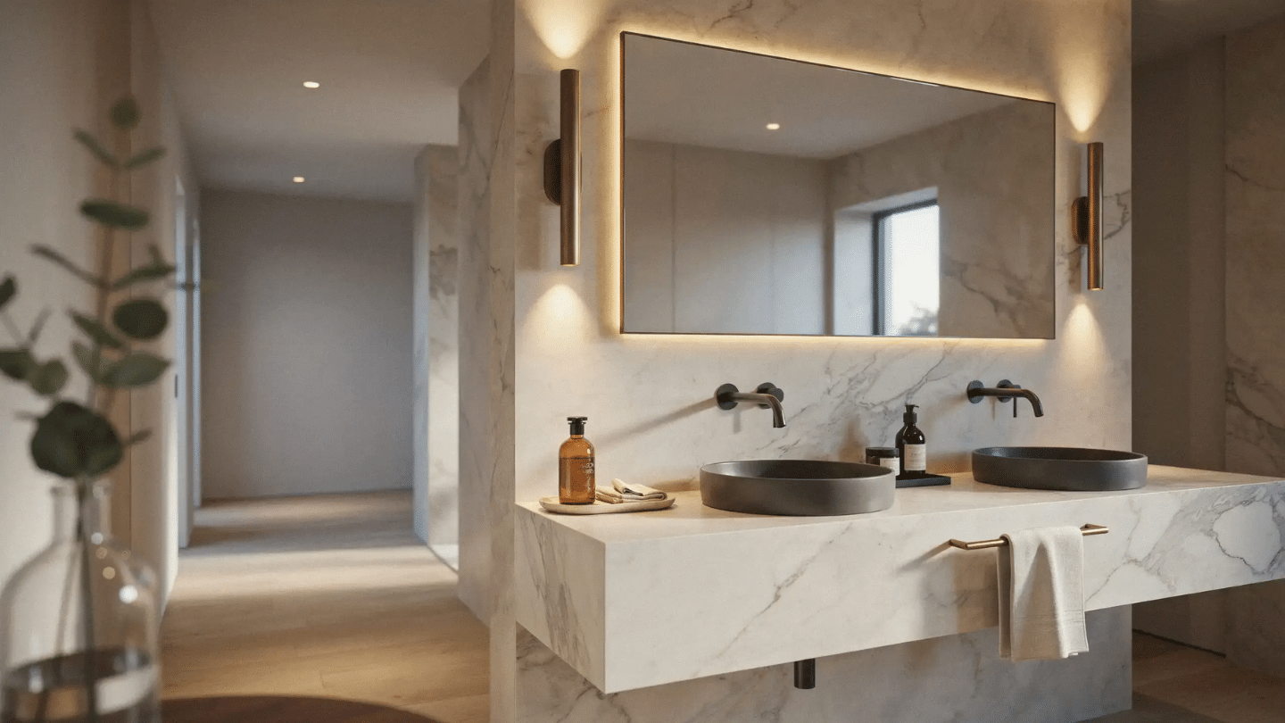 Modern bathroom with statement sconces, backlit mirror, and layered lighting creating a warm contemporary atmosphere.
