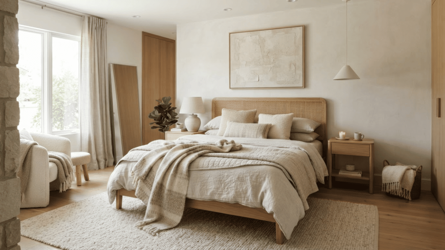 Modern bedroom with layered linen fabrics, textured pillows, soft throws, and cozy contemporary styling.